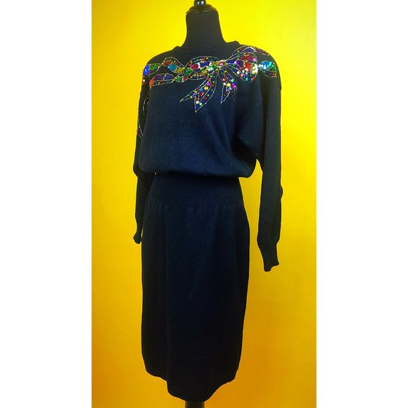 Vtg Darian Sequin Bow Sweater Dress - Picture 2 of 5